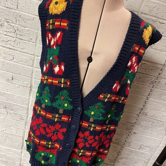 Westbound Christmas Blue Red Poinsetta Candy Cane Wreath Knitted Sweater Vest XL - Picture 1 of 9